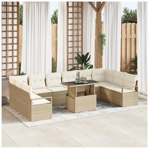 Set di divani da giardino  11 pezzi con cuscini in polyrattan beige, Divano da giardino a 2 posti  con cuscini in polyrattan beige - Foto 2