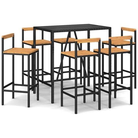 Set Bar Giardino 7 pz Nero Polyrattan e Legno Massello Acacia - Foto 1