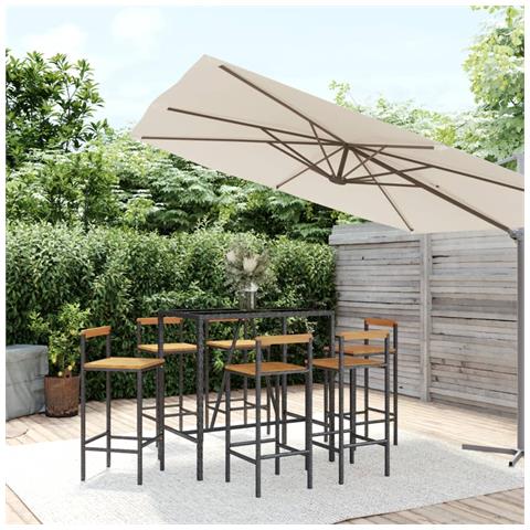 Set Bar Giardino 7 pz Nero Polyrattan e Legno Massello Acacia - Foto 2