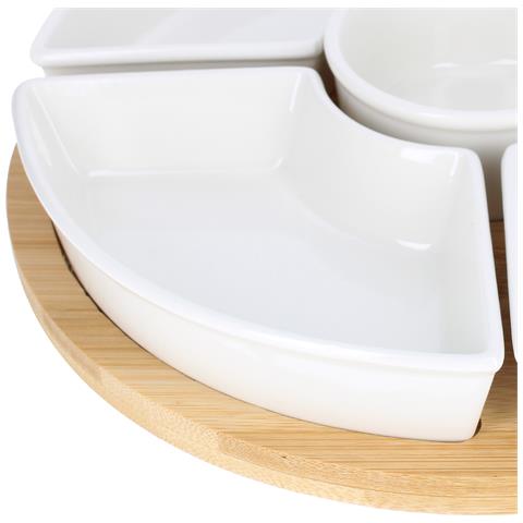 Insieme 4 Ciotole In Ceramica Con Base In Bambù Per Snack E Aperitivi Ultra Resistenti, Bianco - Foto 5