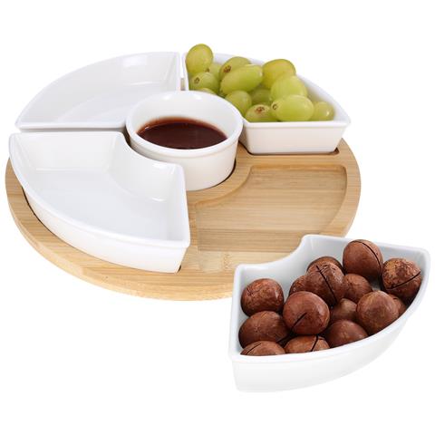 Insieme 4 Ciotole In Ceramica Con Base In Bambù Per Snack E Aperitivi Ultra Resistenti, Bianco - Foto 1