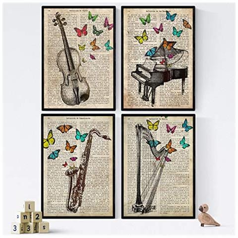 Set Di 4 Stampe Artistiche Vintage Con Strumenti Musicali Pianoforte Emozioni Arpa Musica Sassofono Sax Comunicazione Violoncello Senza Cornice A4 - Foto 1