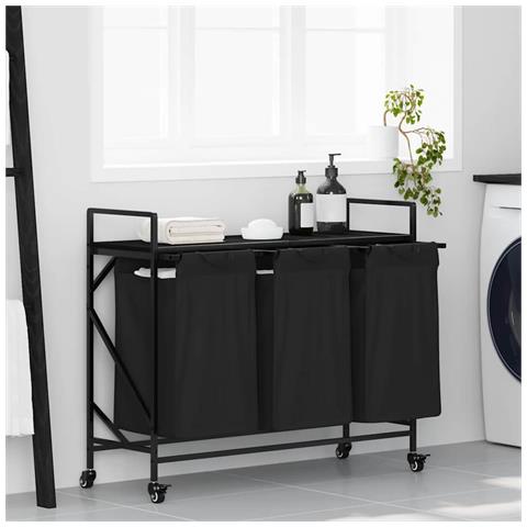 Cesto della Biancheria 3 Scomparti con Ruote Rovere Nero - Foto 2