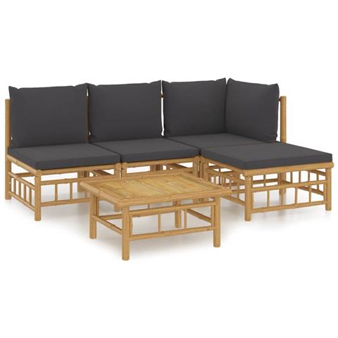 Set Salotto da Giardino 5pz con Cuscini Grigio Scuro Bambù - Foto 1