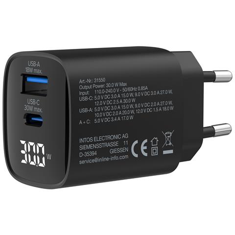Alimentatore USB PD, caricatore GaN, 2 porte, USB-C + USB-A, 30W, display - Foto 2