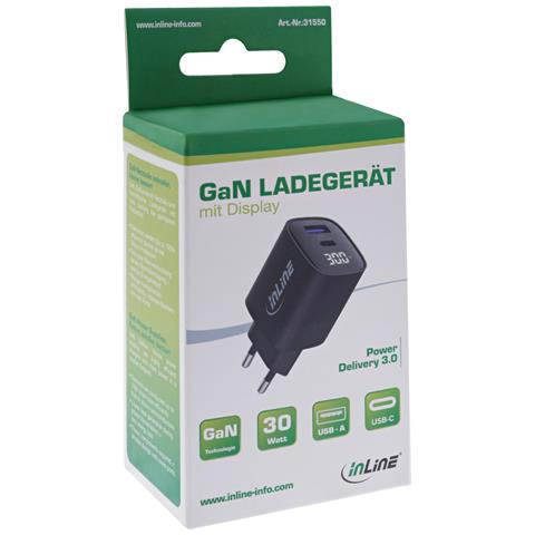 Alimentatore USB PD, caricatore GaN, 2 porte, USB-C + USB-A, 30W, display - Foto 3