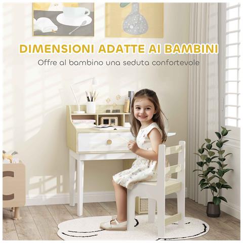 Set Scrivania per Bambini e Sedia in Legno con Scaffale e Cassetto, Età 3-10 Anni, Bianco e Legno - Foto 2