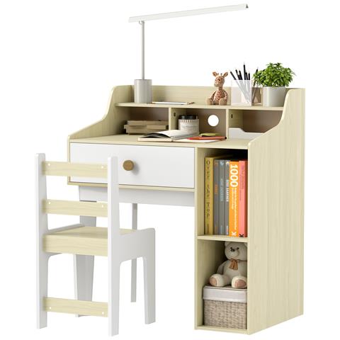 Set Scrivania per Bambini e Sedia in Legno con Scaffale e Cassetto, Età 3-10 Anni, Bianco e Legno - Foto 1