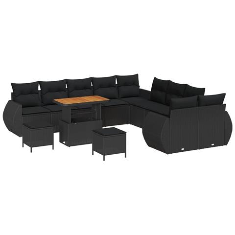 Set di divani da giardino 13 pezzi con cuscini in polyrattan nero e acacia, Set di pranzo da giardino 3 pezzi con cuscini in polyrattan nero e acacia - Foto 1