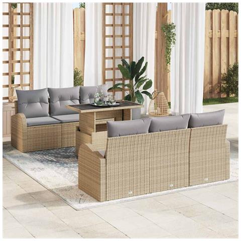 Set Sofà da Giardino in 7 Pezzi con Cuscini Beige Poli Rattan - Foto 2