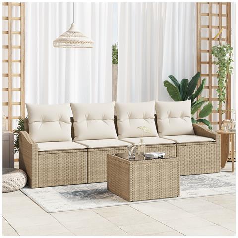 Set da Giardino da 5 Pezzi di con Cuscini Beige Poly Rattan - Foto 2