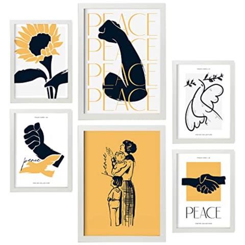 Set Di 6 Stampe Stampe Artistiche Di Mare E Oceano Per L'interior Design Con Inchiostro Nero E Raffiguranti Pace E Forza A3 & A4 Cornice Bianca - Foto 1