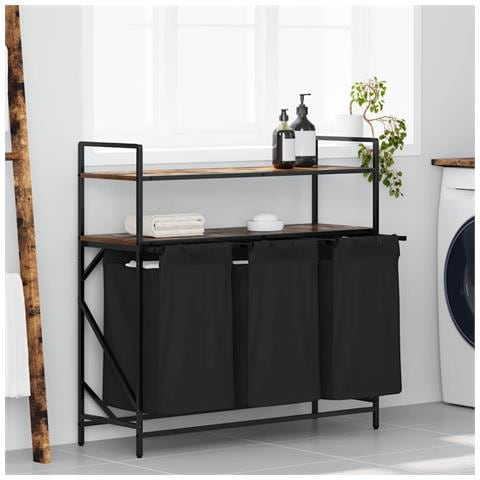 Cesto della Biancheria 3 Scomparti con Ripiani Rovere Fumo - Foto 2