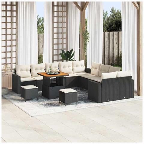 Set di divani da giardino 13 pezzi con cuscini neri in polyrattan e acacia, Set da pranzo da giardino 3 pezzi con cuscini neri in polyrattan e acacia - Foto 2