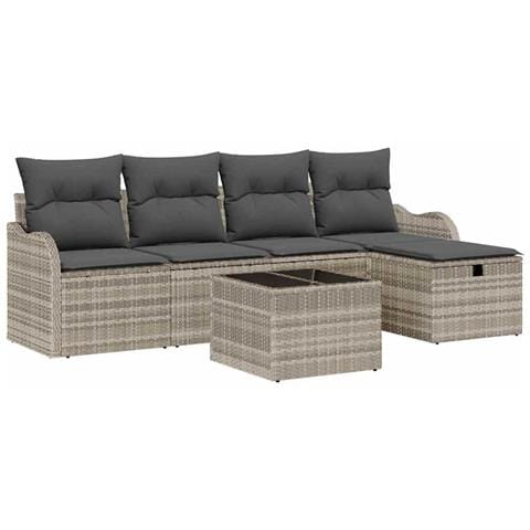 Set divano da giardino di 6 pezzi con cuscini grigio chiaro in polyrattan, Divano da giardino a 2 posti con spazio di stoccaggio e cuscini grigio chiaro in polyrattan - Foto 1