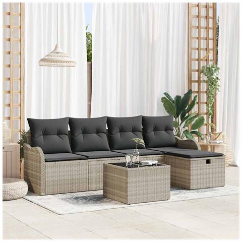 Set divano da giardino di 6 pezzi con cuscini grigio chiaro in polyrattan, Divano da giardino a 2 posti con spazio di stoccaggio e cuscini grigio chiaro in polyrattan - Foto 2