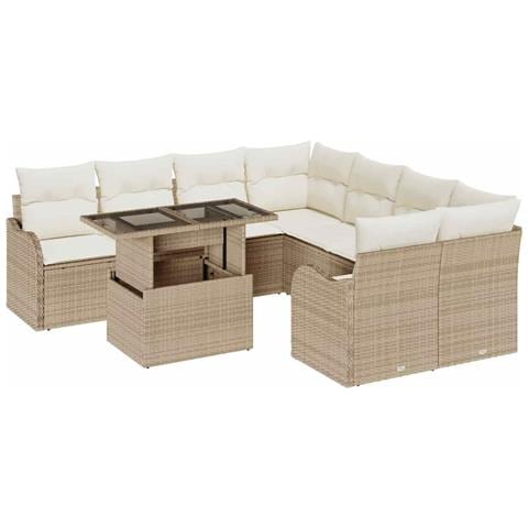 Set Sofà Giardino  9 Pezzi con Cuscini Beige Polyrattan, Sofà Giardino con Cuscini Beige Polyrattan 2 Posti - Foto 1