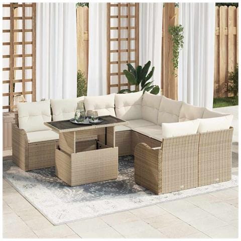 Set Sofà Giardino  9 Pezzi con Cuscini Beige Polyrattan, Sofà Giardino con Cuscini Beige Polyrattan 2 Posti - Foto 2