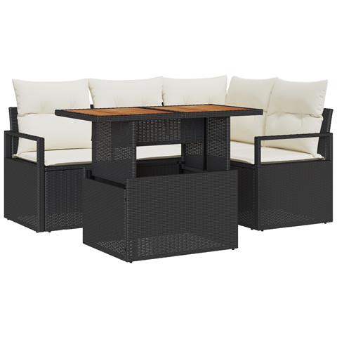 Set Giardino  5 Pezzi con Cuscini Rattan Polyrattan Nero Acacia, Divano Giardino  2 Posti con Cuscini Polyrattan Nero - Foto 1