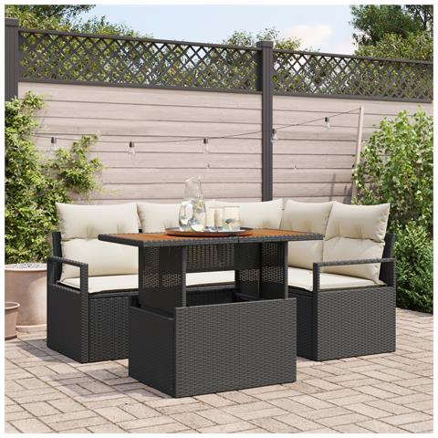 Set Giardino  5 Pezzi con Cuscini Rattan Polyrattan Nero Acacia, Divano Giardino  2 Posti con Cuscini Polyrattan Nero - Foto 2