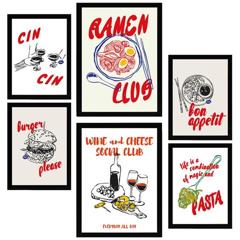 Set Di 6 Stampe Illustrazioni Decorative Di Cibo E Pop Art Ramen E Pasta Incorniciati Con Illustrazioni A3 & A4 Cornice Nera - Foto 1