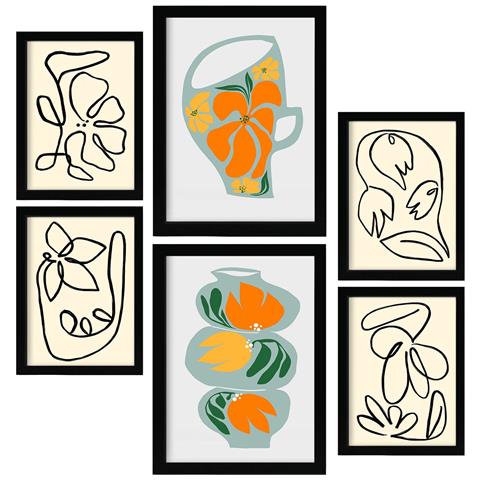 Set Di 6 Stampe Vaso Demolito Con Fiori, Dipinti Decorativi Estetici Astratti Per Il Tuo Soggiorno Di Casa A3 & A4 Cornice Nera - Foto 1