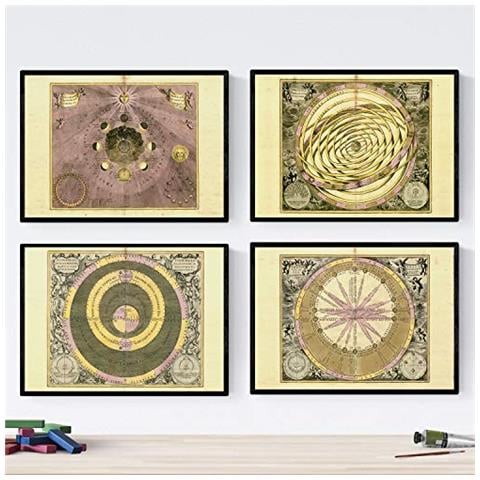 Set Di 4 Stampe Fogli Con Antiche Mappe Astronomiche. Poster Di Mappe Astrologiche Senza Cornice A3 - Foto 1