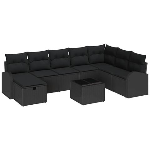 Set Divano da Giardino con cuscino 9 pcs Nero Poly Rattan - Foto 1