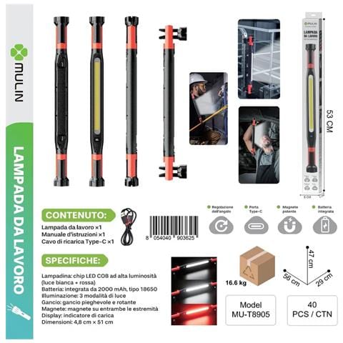 Lampada Da Lavoro Led Cob Ricaricabile 2000mah Magnetica Con Gancio Usb-c 3 Mod. - Foto 2