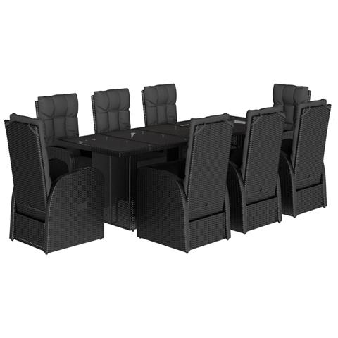 Set da Pranzo da Giardino 9 pz con Cuscini Nero in Polyrattan - Foto 1