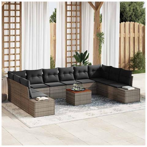 Set Sofà Giardino 11 Pezzi Con Cuscini Grigio Poly Rattan Acacia - Foto 2