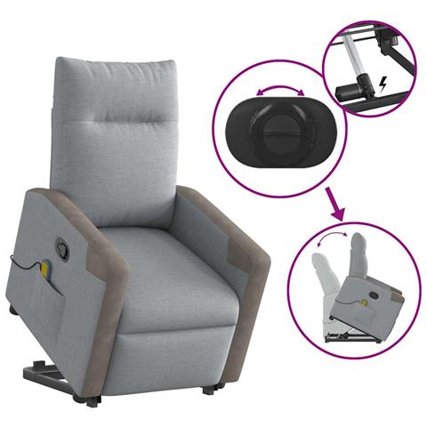 Poltrona Alzapersona Massaggi Reclinabile Grigio Chiaro Tessuto - Foto 9