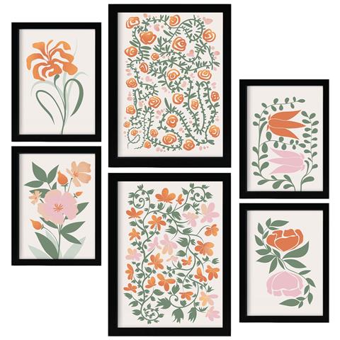 Set Di 6 Stampe Dipinti Decorativi Estetici Astratti Con Fiori Fustigati Per Il Tuo Soggiorno Di Casa A3 & A4 Cornice Nera - Foto 1