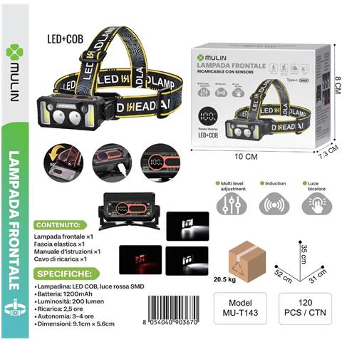Lampada Frontale Led Cob 200 Lumen Ricaricabile Usb-c Con Sensore Movimento 1200 - Foto 3