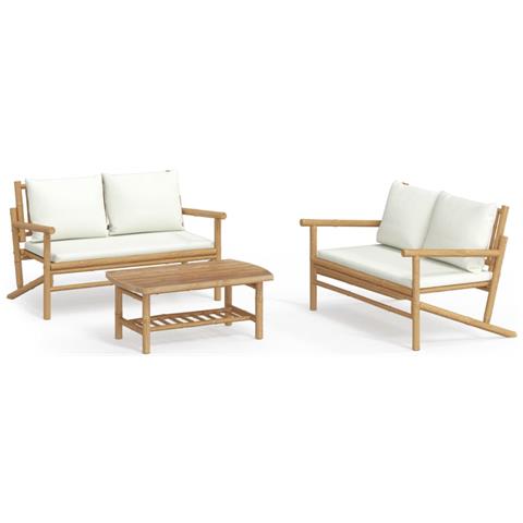Set Salotto Da Giardino 3pz Con Cuscini Bianco Crema In Bambù - Foto 1
