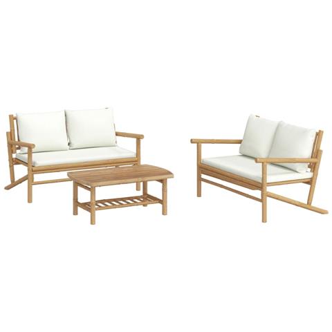 Set Salotto Da Giardino 3pz Con Cuscini Bianco Crema In Bambù - Foto 2