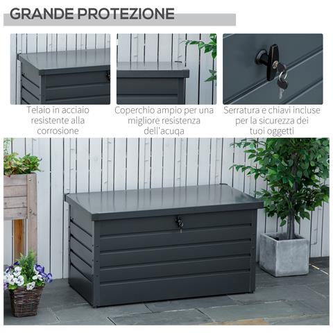 Panca Baule Contenitore Da Giardino Con Chiave, Cassapanca Moderna In Acciaio, Grigio, 120x62x62cm - Foto 6
