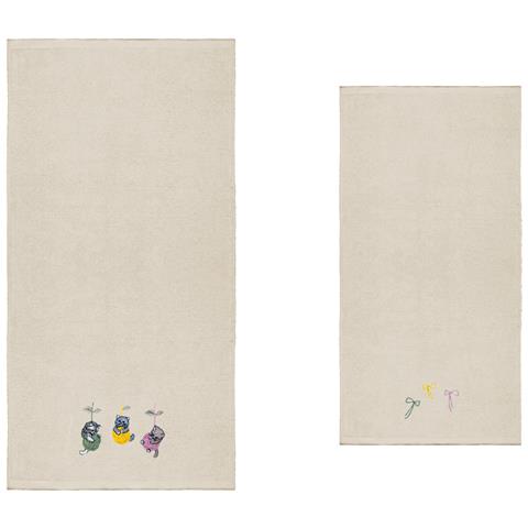 Set Asciugamano Copiola Salvietta Bagno Spugna 100% Cotone Gatto Gomitolo Copiola Panna - Foto 2