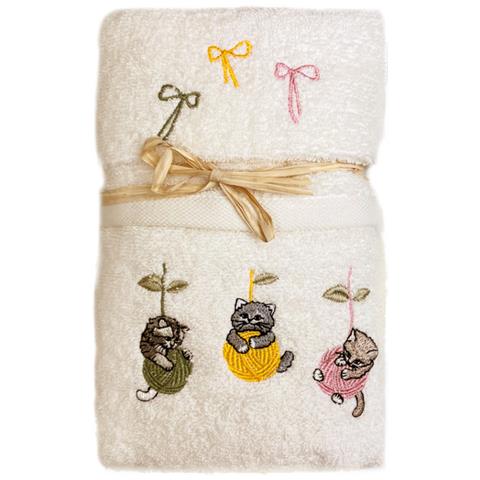 Set Asciugamano Copiola Salvietta Bagno Spugna 100% Cotone Gatto Gomitolo Copiola Panna - Foto 1