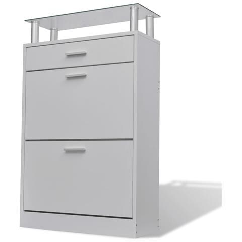 Scarpiera Con Cassetto E Mensola Vetro Sopra In Legno Bianco - Foto 1