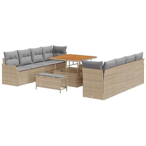 Set di Divani da Giardino da 11 Pezzi con Cuscini Beige Polyrattan Acacia,  Divano da Giardino per 2 Persone con Cuscini Beige Polyrattan,  Set di Pranzo da Giardino da 3 Pezzi con Cuscini Beige Polyrattan Acacia - Foto 1
