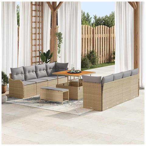 Set di Divani da Giardino da 11 Pezzi con Cuscini Beige Polyrattan Acacia,  Divano da Giardino per 2 Persone con Cuscini Beige Polyrattan,  Set di Pranzo da Giardino da 3 Pezzi con Cuscini Beige Polyrattan Acacia - Foto 2