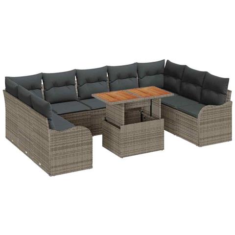 Set Divano da Giardino 10 Pezzi con Cuscini Grigi Polyrattan Acacia, Divano da Giardino 2 Posti con Cuscini Grigi Polyrattan - Foto 1