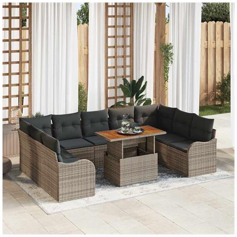 Set Divano da Giardino 10 Pezzi con Cuscini Grigi Polyrattan Acacia, Divano da Giardino 2 Posti con Cuscini Grigi Polyrattan - Foto 2