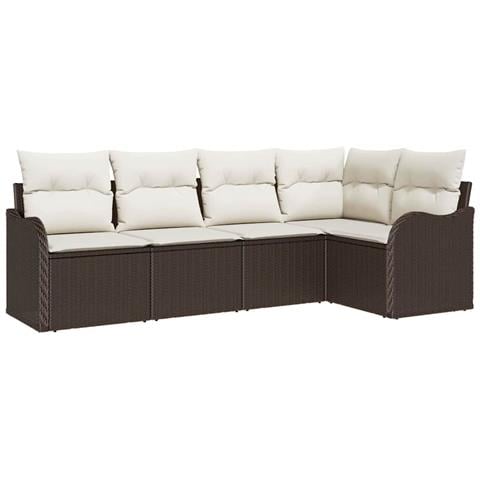 Set divano da giardino 5 pezzi con cuscini in rattan poliestere marrone, Divano da giardino 2 posti con cuscini in rattan poliestere marrone - Foto 1