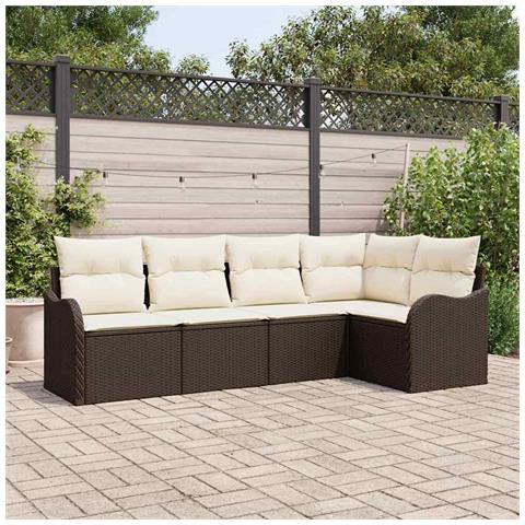 Set divano da giardino 5 pezzi con cuscini in rattan poliestere marrone, Divano da giardino 2 posti con cuscini in rattan poliestere marrone - Foto 2
