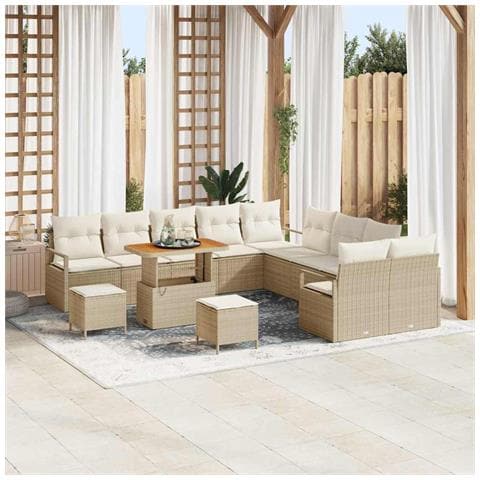Set Sofà Giardino 13 Pezzi con Cuscini Beige Polirattan Acacia, Sofà Giardino 2 Posti con Spazio e Cuscini Beige Polirattan, Set Pranzo Giardino 3 Pezzi con Cuscini Beige Polirattan Acacia - Foto 2