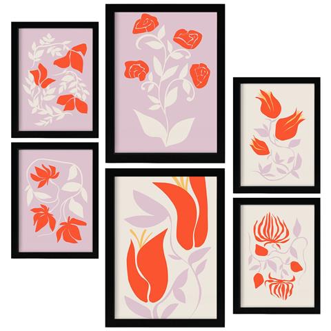Set Di 6 Stampe Grandi Fiori Astratti In Fiore, Dipinti Decorativi Estetici Per Il Tuo Soggiorno. A3 & A4 Cornice Nera - Foto 1