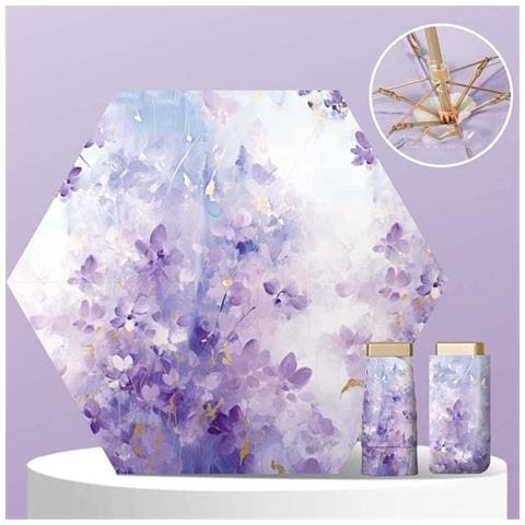 Mini Ombrello Piatto Ultraleggero A Sei Pieghe - Struttura Dorata E Rivestimento Colorato - Anni Di Fiori Viola - Foto 1