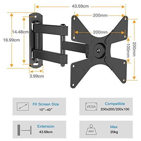 Tv Wall Bracket Girelle Tilt Estende Ruota Tv Wall Mount Per 10-40 Televisori Pollici Fino A 20kg Max Vesa 200x200mm - Foto 2